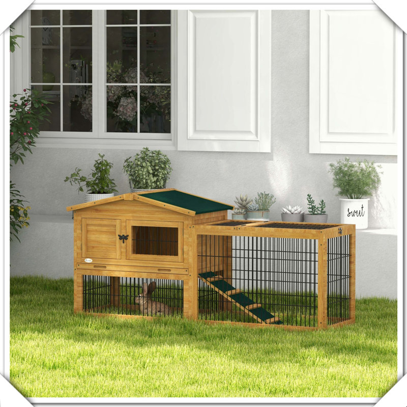 Cage à lapins en bois à 2 niveaux avec rampe de toit, Jaune