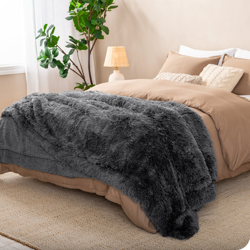 Couverture en sherpa à poils longs, Gris, Double/Grand