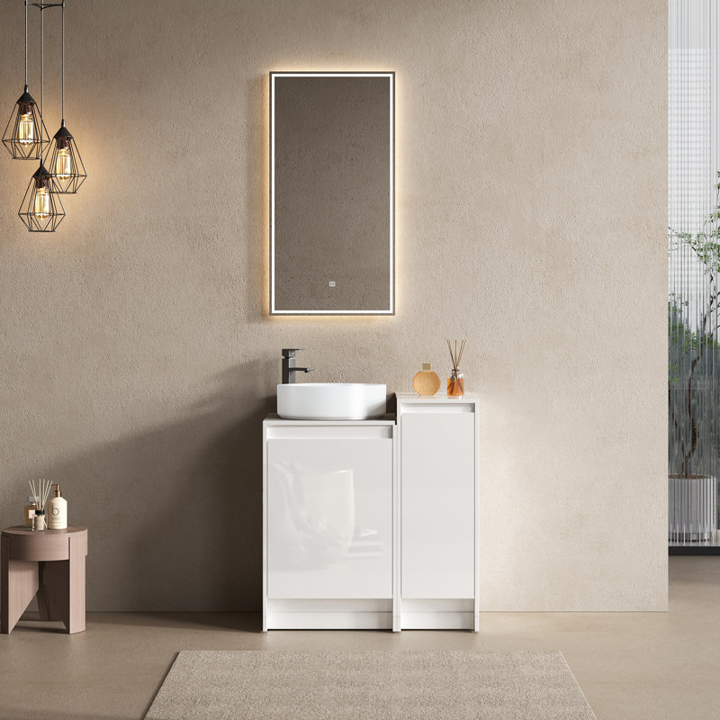 Meuble-lavabo autoportant 32 po avec lavabo en céramique et 1 petite armoire de rangement, porte à fermeture en douceur