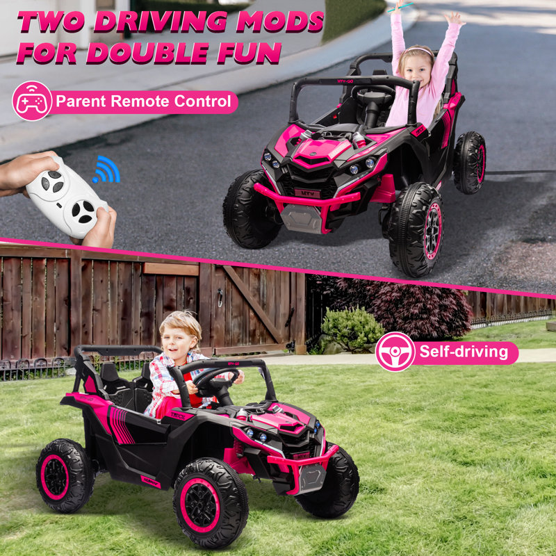 24V Kids Ride On Car UTV rose, véhicule électrique 2 places pour tout-petits avec télécommande, musique, Bluetooth, ceintures de sécurité