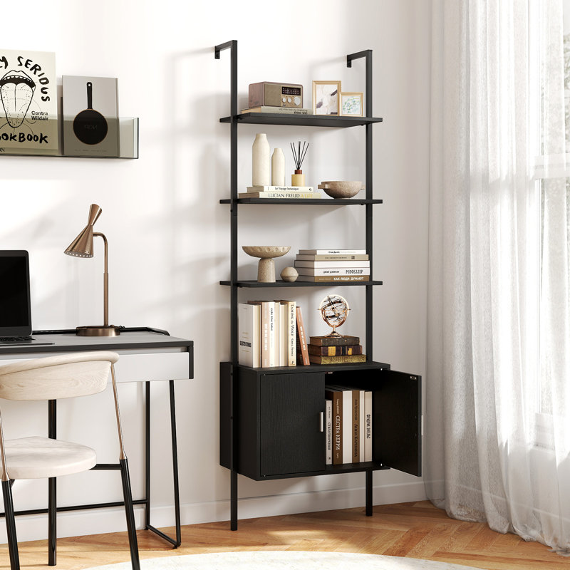72.5'' Tall Bookshelf 5 Tier Wall Mount Ladder Bookcase w/ Cabinet, 1, Black
