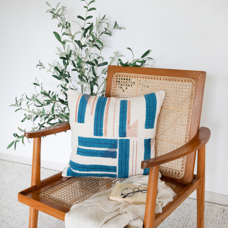 Housse et insert de coussin carré 100% coton Vappu, Bleu sarcelle / ivoire