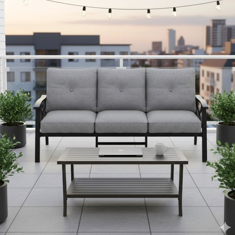 2 Piece Outdoor Patio Set, 70” All-Weather Metal 3-Seat Metal Patio Sofa And Rectangular Coffee Table  Frame With Gray Cushions