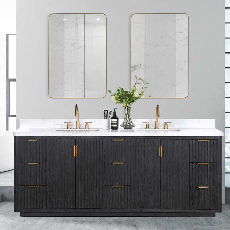 Ensemble de meuble-lavabo double 84 po Adela, Noir, noir, noir, noir, Blanc, Doré