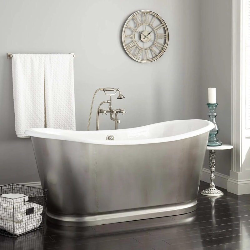Dorset 66" Cast Iron Soaking Double Slipper Freestanding Tub with Drain and Overflow, Brushed Nickel