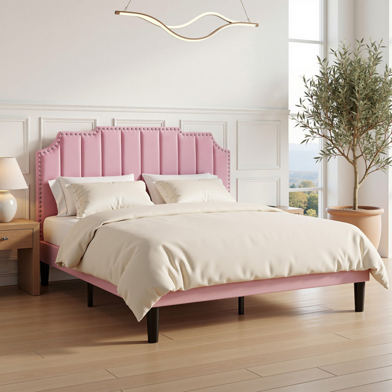 Full Size Pink Velvet Platform Bed with Nailhead Trim Headboard, Upholstered Bed Frame No Box Spring Needed, Modern Blush Pink Bed for Bedroom