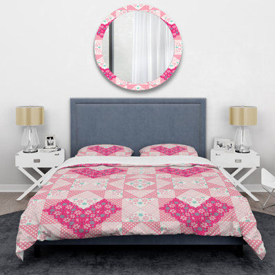 Pink Heart Patchwork Polyester Patchwork Duvet Cover Set