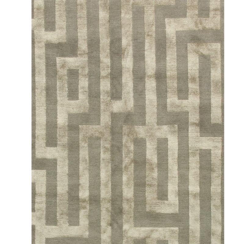 Tapis rectangulaire en laine / soie noué à la main à motif géométrique argent / gris, Rectangle 3 pi x 5 pi