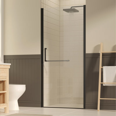 Porte de douche pivotante sans cadre de l 33 à 34 po x H 72 po, portes de verre pivotantes avec verre trempé transparent de 1/4 po (6 mm), film antidéflagrant, installation réversible, noir mat