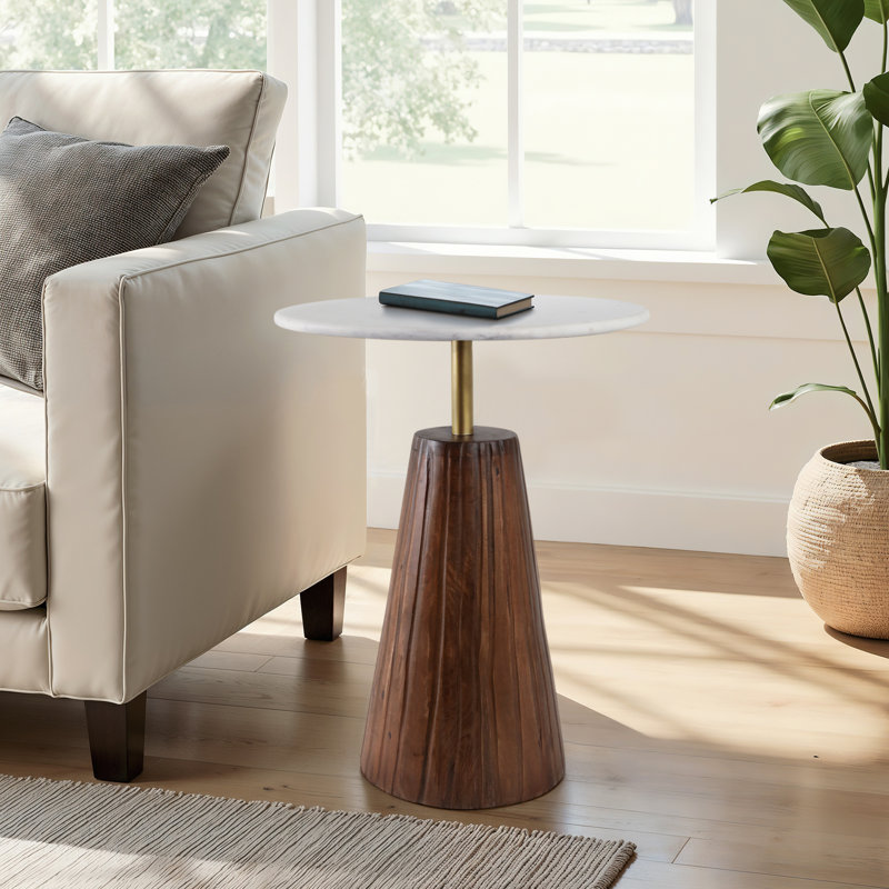 Modern Wood and Metal Accent Table with Round Stone Top, Contemporary Decorative Side Table., Brown