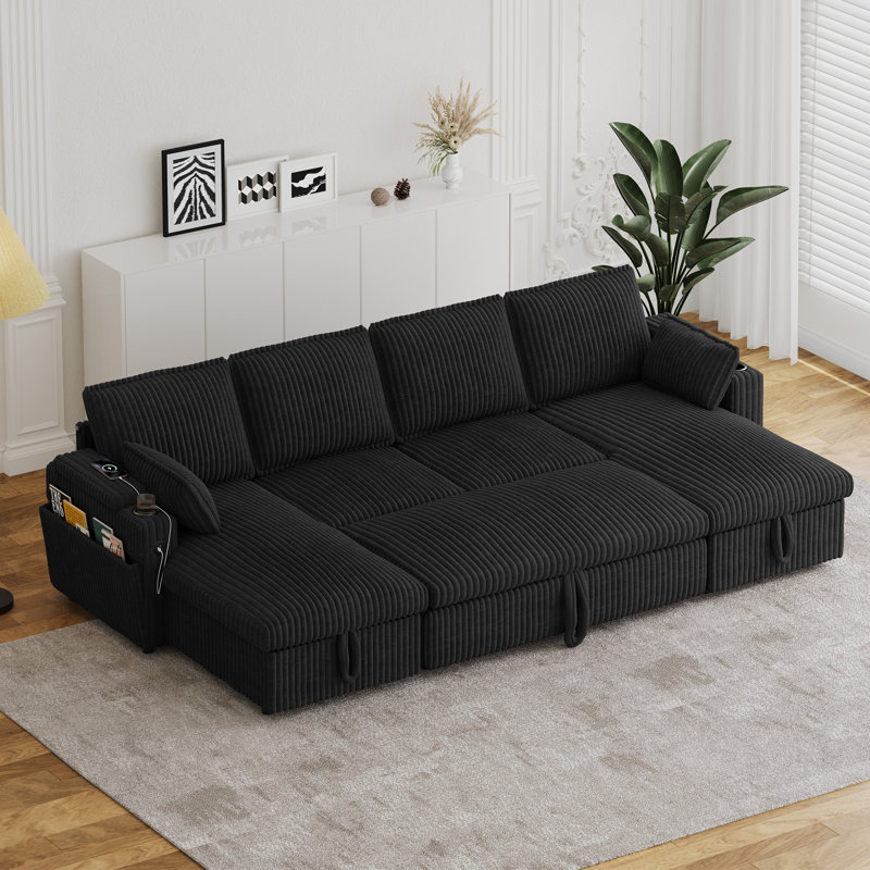 Canapé modulaire en U de 104 po en velours côtelé avec chaises de rangement et lit escamotable, Velours côtelé noir