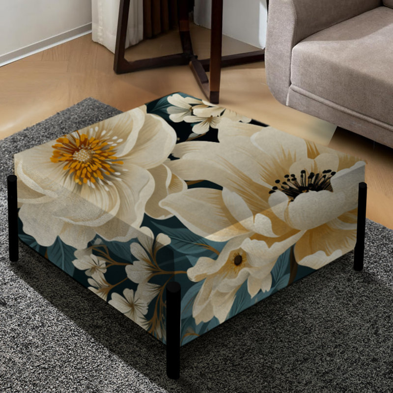 Vintage Nostalgia Beige And Teal Peonies Garden - Floral Large Square Ottoman