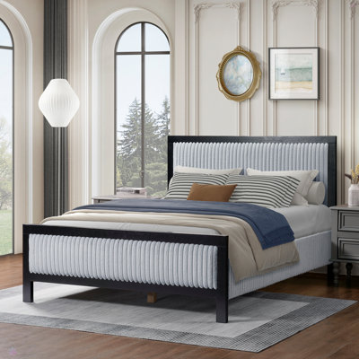 Upholstered Bed With Fluffy Soft Headboard,Grey+Black Frame