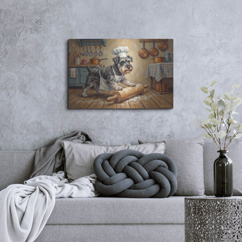  «Schnauzer miniature dans la cuisine» par Rich Monet, art mural en métal, 24 po x 16 po, H 24 po x l 36 po