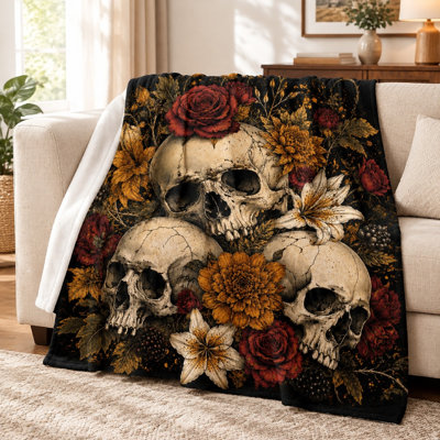 1Pcs Skull and Flower Print Blanket – Gothic Artistic Design;Cozy & DecorativePerfect for Bedroom, Living Room, or Outdoor RelaxationMachine WashableAvailable in Various SizesA Unique Home Decor Accent. Bedding and sofa items