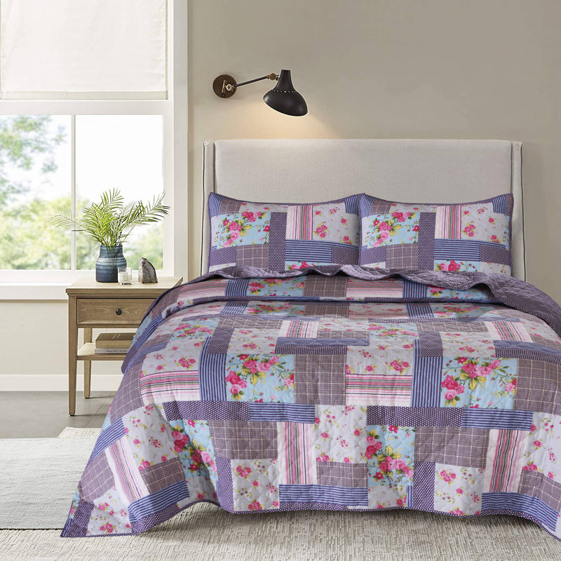 Patchwork Floral Reversible Quilt Set 100% Cotton 3 Piece Lightweight Comforter Bedding Set, Queen, Purple Patchwork