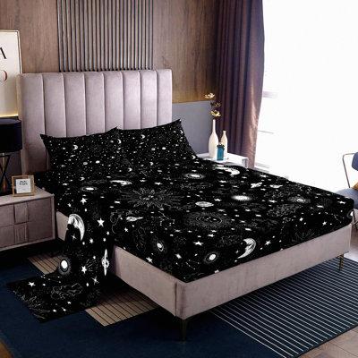 Galaxy Dreams Bedding Set - Starry Constellation Boho Hippie Sheets - Quality Brushed Microfiber Luxury Bedding - Sun Moon Theme - 4 Piece Set - Twin/Full/Queen/King Size - Flat, Fitted Sheet, 2 Pill