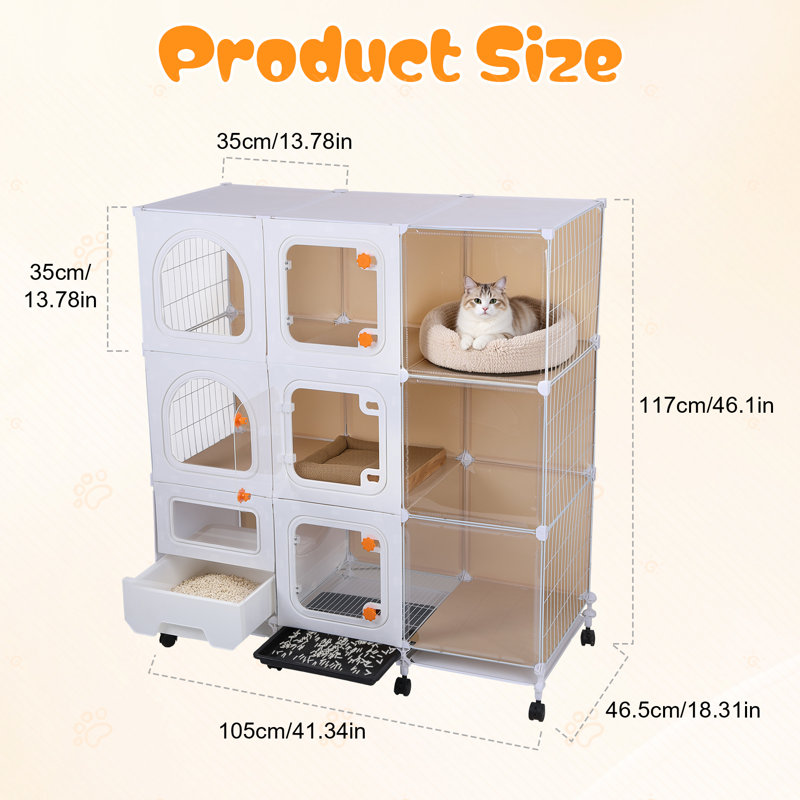 Grande niche pour chat avec roues, parc de jeux de luxe pour chat, cage d'intérieur avec bac à litière de 42 po (L) x 18,2 po (l) x 46 po (H)