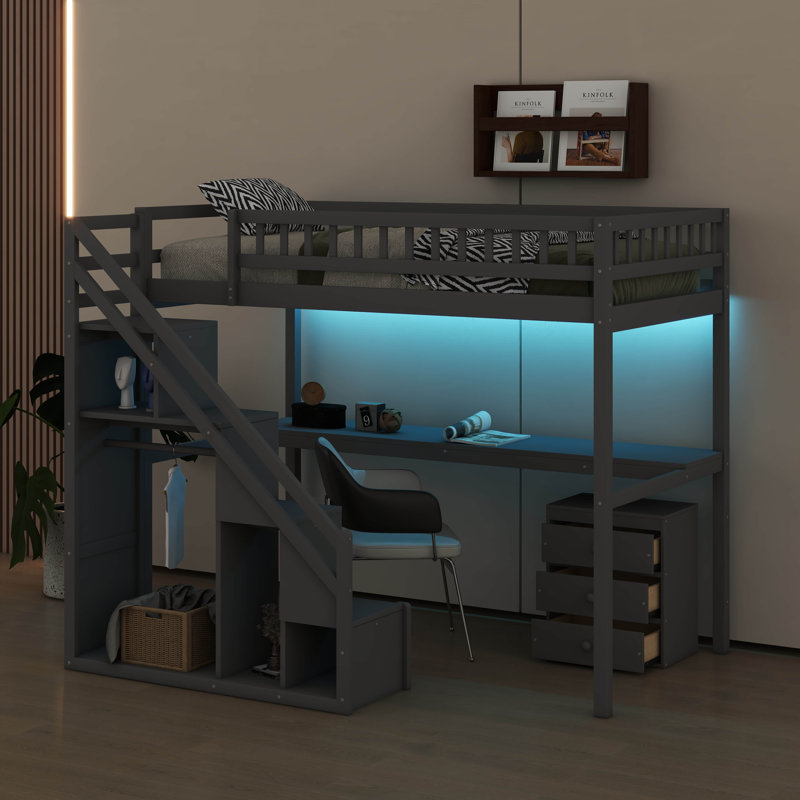 Lit mezzanine avec deux commodes, bureau et bande lumineuse, gris, Simple