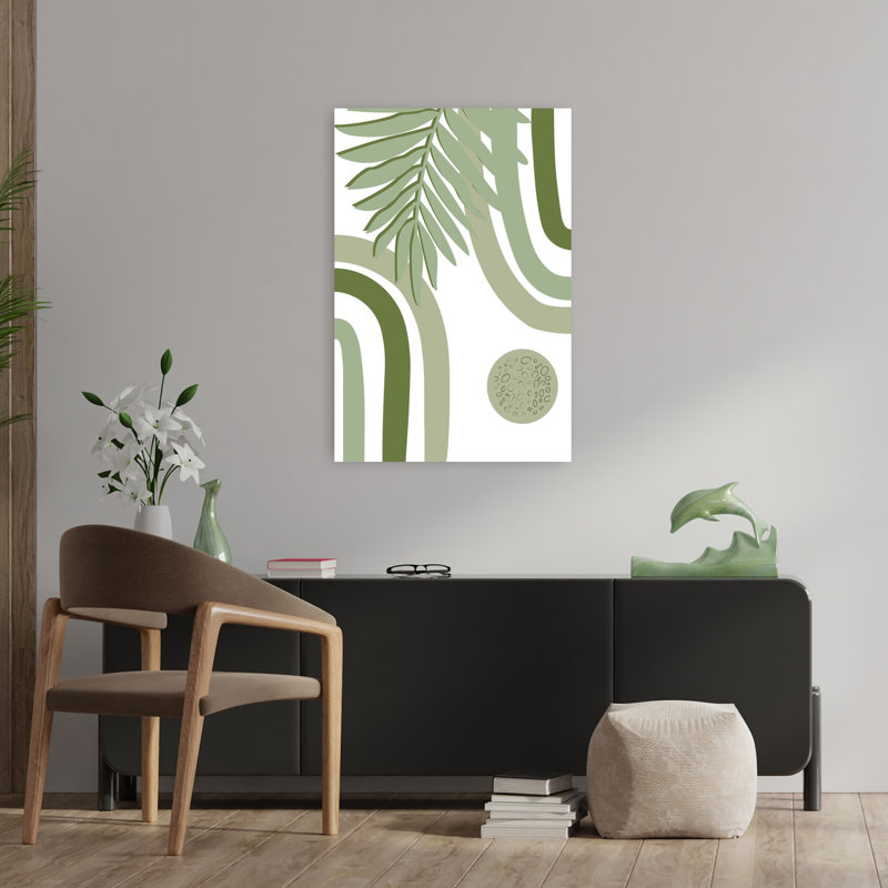 Affiche murale abstraite contemporaine minimaliste bohème feuille verte lune, H 36 po x l 24 po
