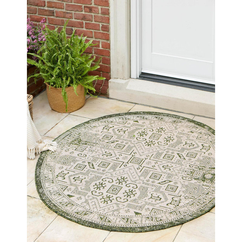 Outdoor Chand Area Rug Ivory-Green Color, Round 7'10"