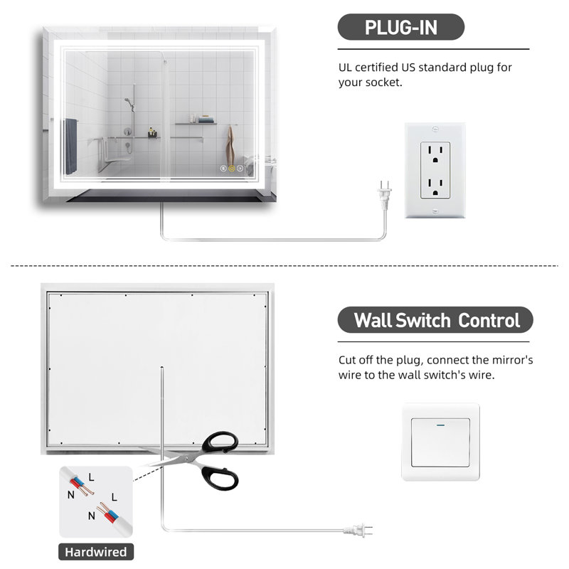 Abriele Wall Mount Bathroom Mirror with LED Lights, 3 Color Mode Lights,  Defogger, Memory Function, Dimmer, 36" x 48"