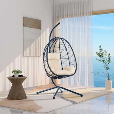 Balancelle intérieure en osier avec support et coussin pour patio, chambre à coucher ou balcon