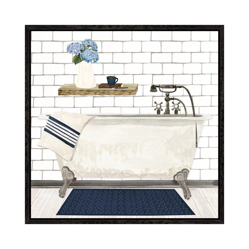 Farmhouse Bath I Navy-Tub 1 Piece Painting on Canvas, 45.72cm H x 45.72cm W x 3.81cm D, Black Framed