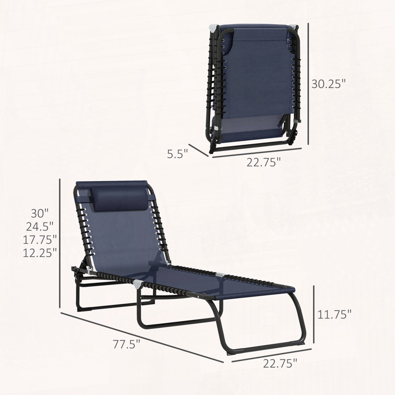 Chaise longue pliante avec inclinaison à 4 positions et siège élastique, Bleu