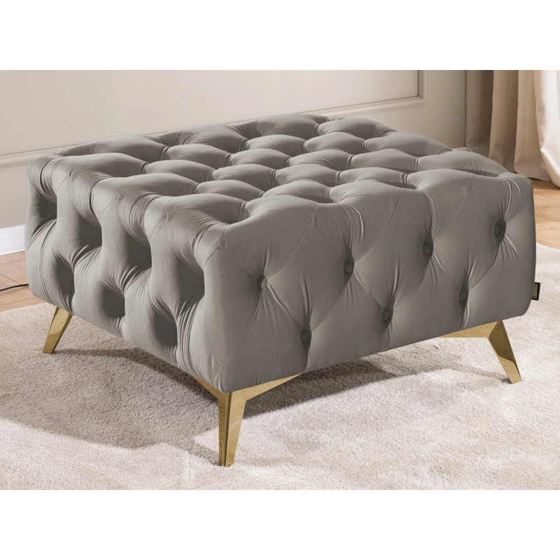 Whitby 80cm Wide Velvet Tufted Square No Pattern Footstool Ottoman, Grey, Gold