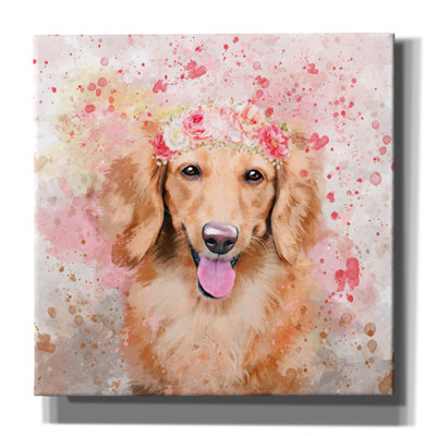 «Flower Crown Long Haired Dachshund» par Furbaby Affiliates, art mural sur toile