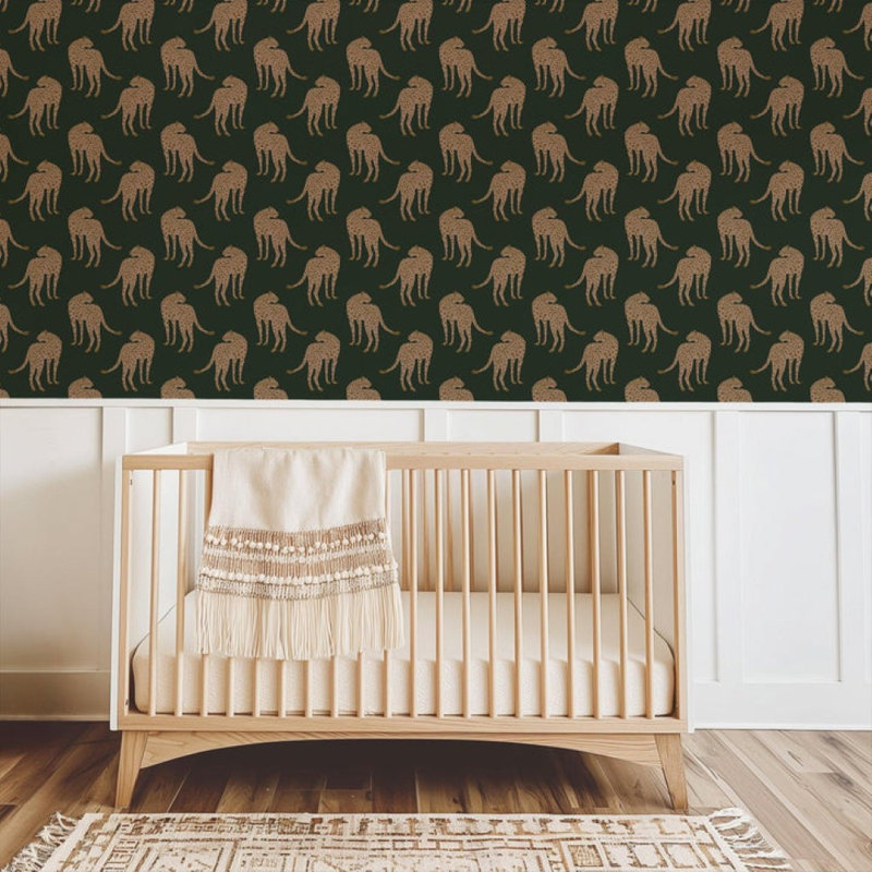 Prowling Cheetah - Wallpaper, Juniper, Faux Grasscloth