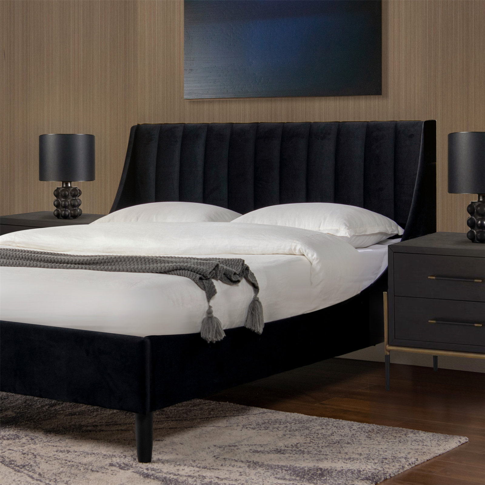Helaina Upholstered Wingback Bed, Queen, Anthracite Velvet