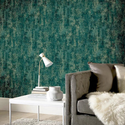 Rustic Distressed Paint Green Brass Metallic Textured Faux Concrete Wallpaper 3d