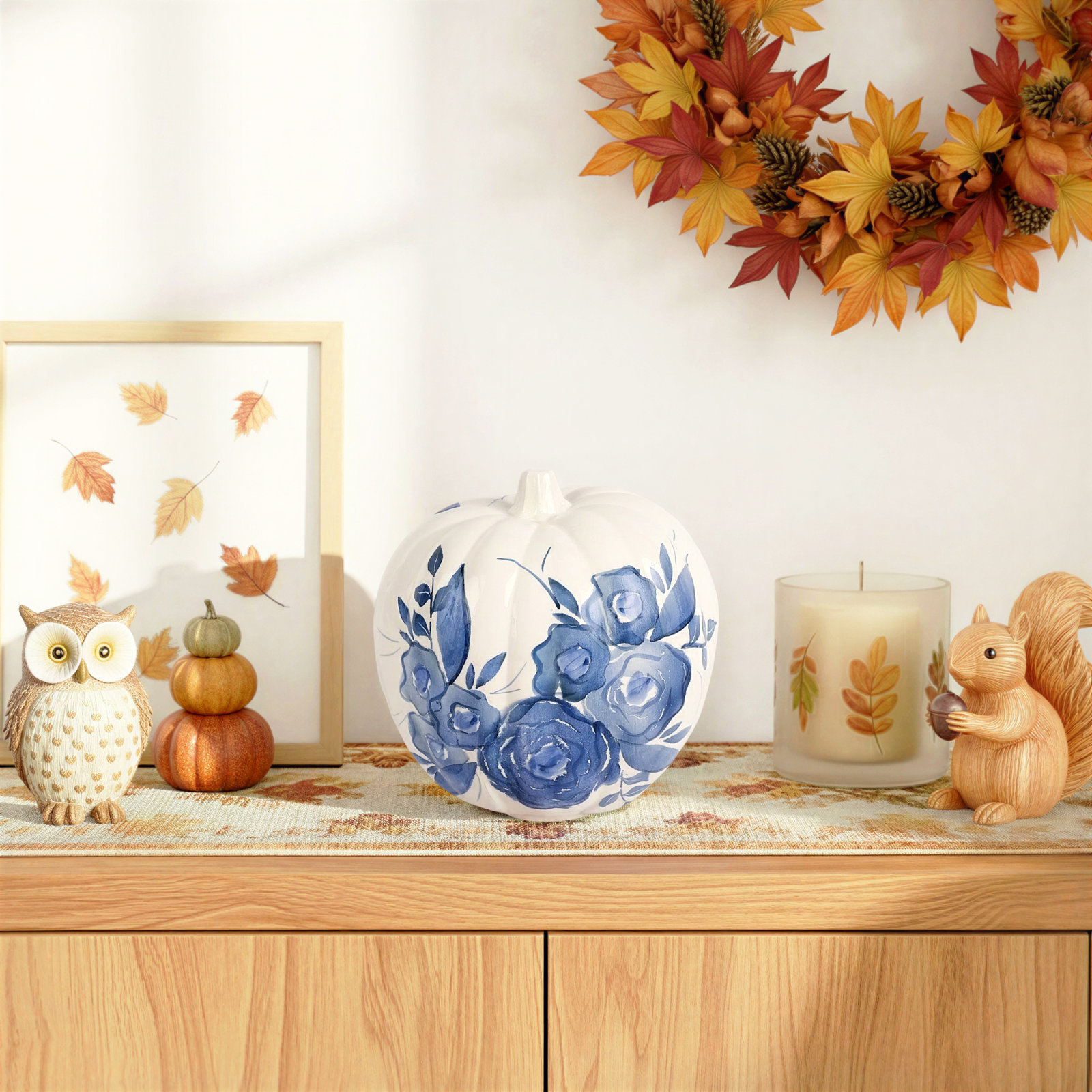 Blue Camellia Tall Figural Pumpkin