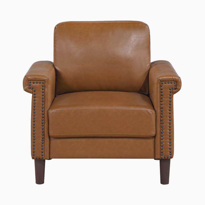 Chaise de salon en simili cuir 34 po Thayer avec siège à ressorts ensachés et garniture cloutée élégante, Similicuir brun