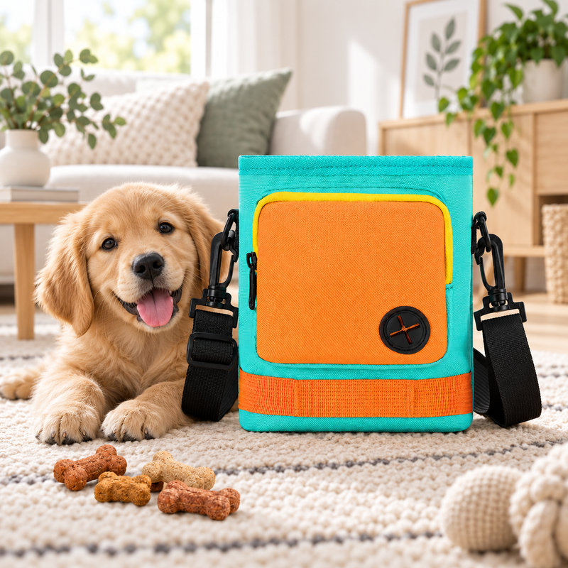 Portable Dog Training Crossbody Treat Pouch, Color‑Block Pet Snack Storage Bag with Adjustable Strap, Multi‑Pocket Outdoor Travel Puppy Training Accessory