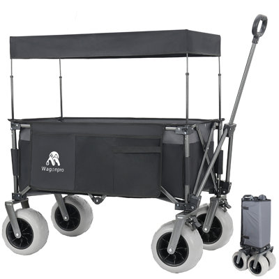UTILISATION POLYVALENTE: Chariot pliant robuste d'une capacité de 480 lb, doté d'une poignée flexible, d'un pavillon amovible et de pneus de plage de 9 po x 4 po, idéal pour le camping, le transport et les sports de plein air.