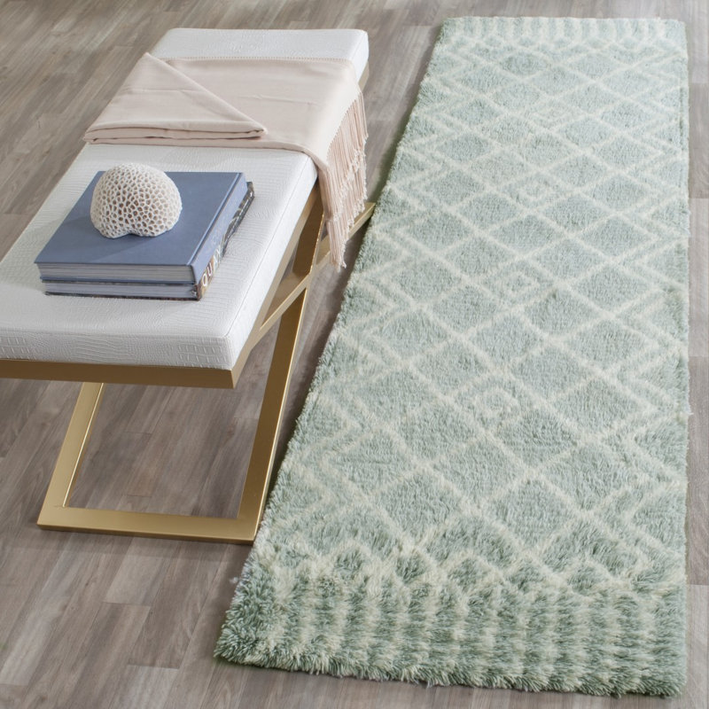 Tapis bleu / ivoire en laine et coton touffeté à la main Derron, Tapis de couloir 2 pi 3 po x 8 pi