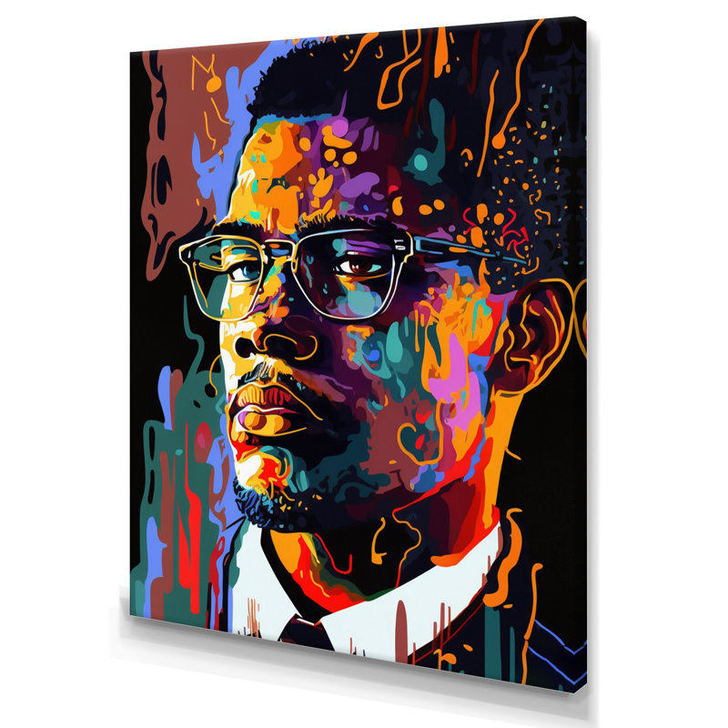 Malcolm X Illustration I - art mural célébrité pour le salon, H 44 po x l 34 po x P 1,5 po, Toile tendue