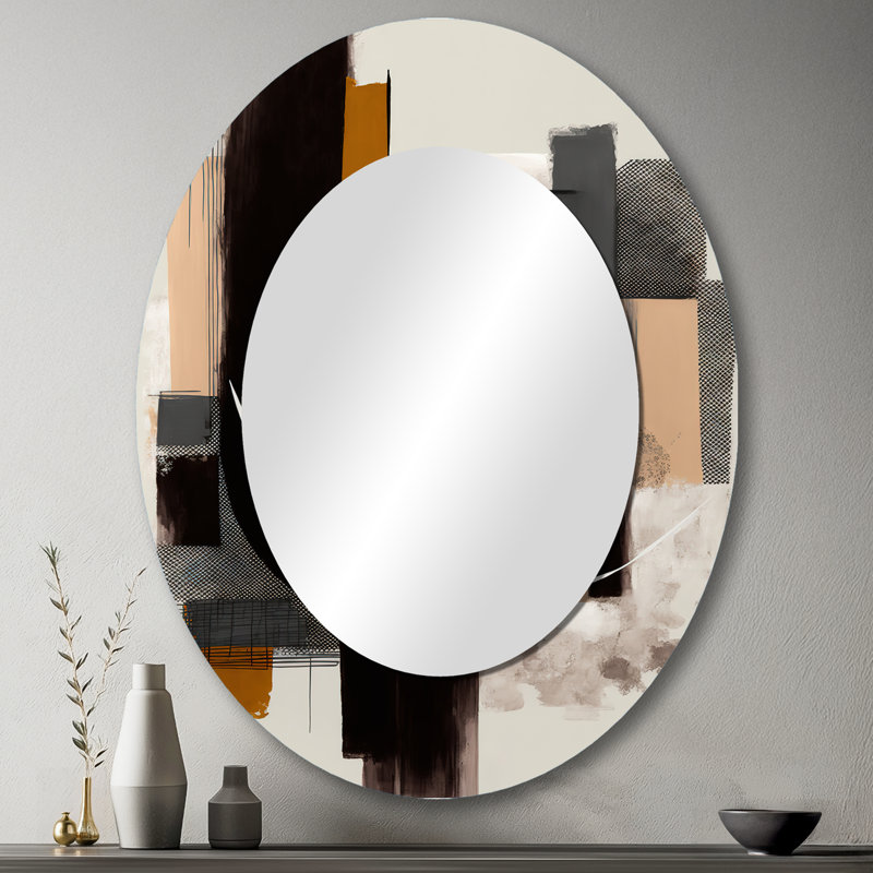 Warm Watercolor Abstract II - Miroir mural ovale moderne noir, 43 po x 33 po