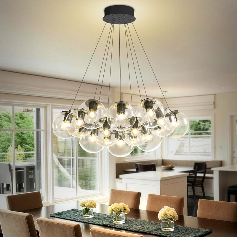 Lustre moderne noir à bulles pour salon, lustre à 13 lumières avec globe en verre, luminaire suspendu pour chambre ou salle à manger