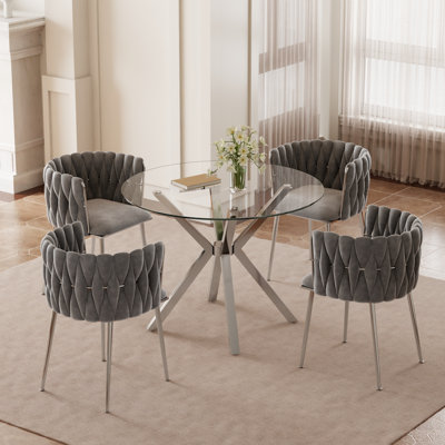 Ensemble de table de salle à manger moderne et transparent, table de salle à manger en verre trempé avec chaise en velours