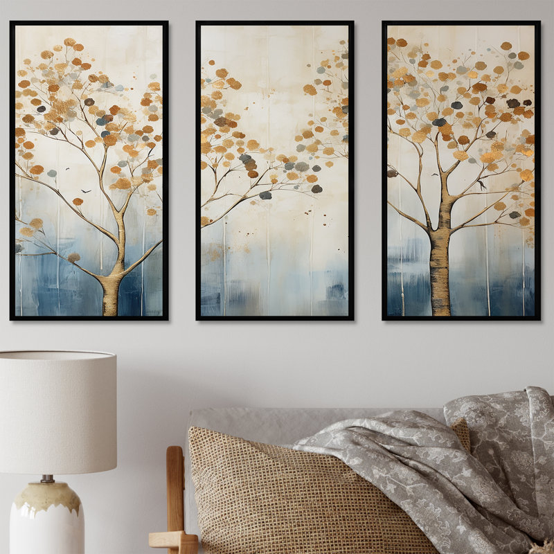 Ensemble de salon art mural arbre doré et bleu Harmony II, Cadre flottant noir, H 32 po x l 48 po x P 1 po
