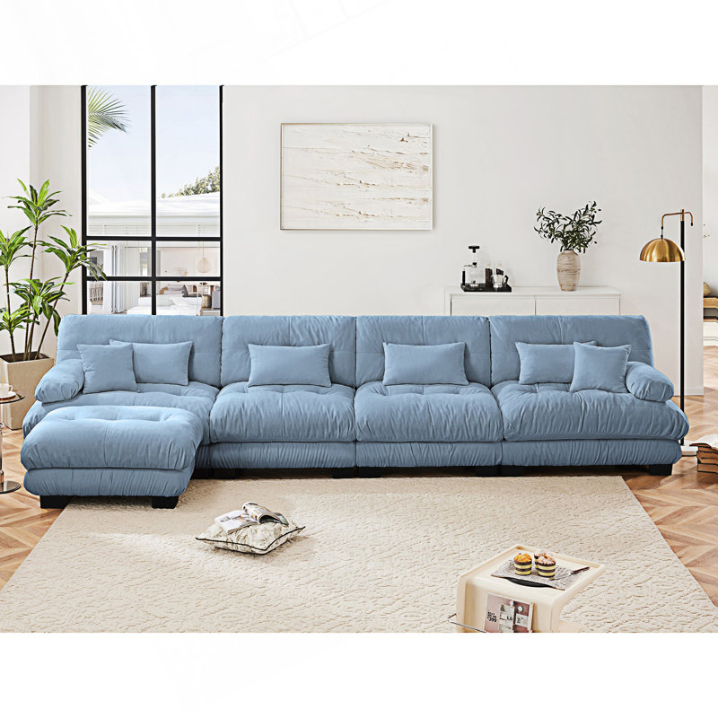 Free Combination Modular Sectional Sofa, L Shaped Couch, 4-Seater Comfy Cloud Couch With Ottoman, Blue Chenille