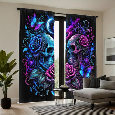 2PCS Skull Rose Butterfly Gothic Style Thin Light Filtering Curtains with Moon and Stars Pattern, Dark Aesthetic Home Decor, Easy Hang Rod Pocket Design, All-Season for Living Room Bedroom Dormitory Decoration