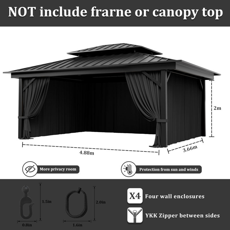4-Panels Sidewall Curtains For Gazebo, Only Curtains, 78.74" H x 192" W x 144" D, Black