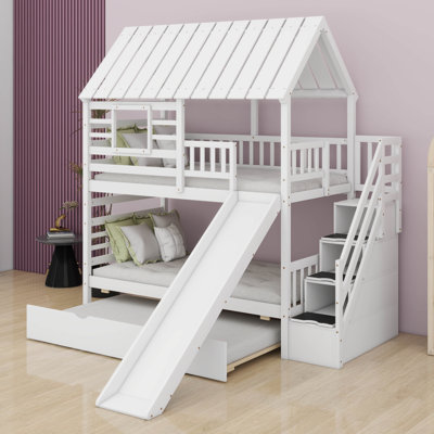 Twin Over Twin House Bunk Bed, Bed Frame With Trundle And Slide, Storage Staircase, Roof And Window Design