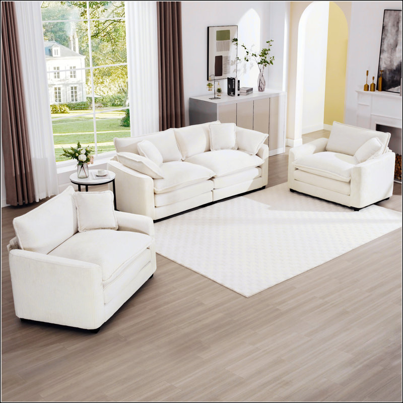 Warm And Cozy Sofa Set With Soft Cushions And Pillows, Beige