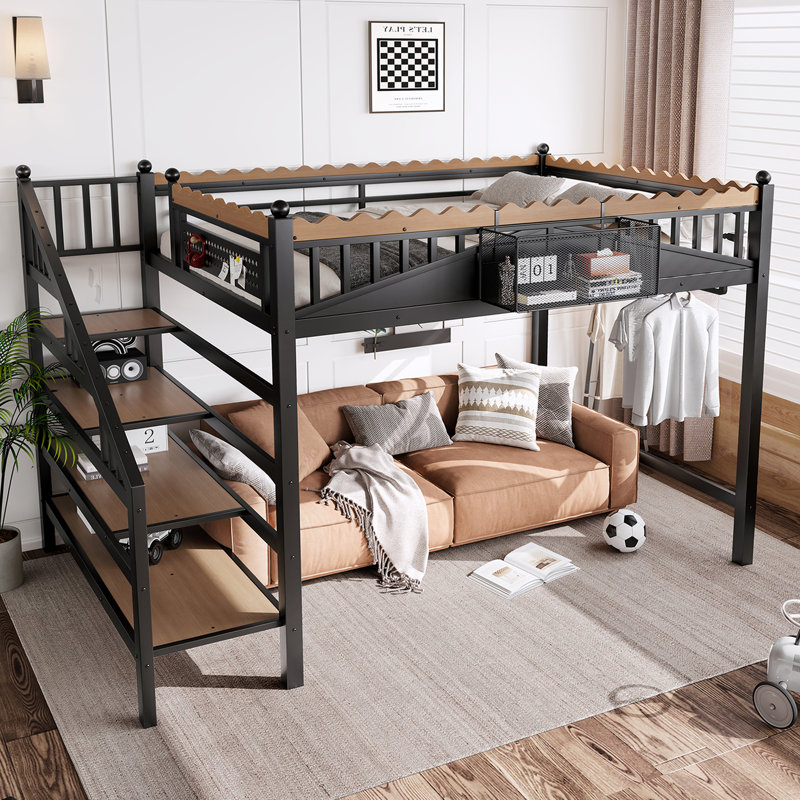 Full Size Metal Loft Bed with Storage Stairs, Shelves & Bookshelf, Bedroom, Guest, Dorms, Black, Full
